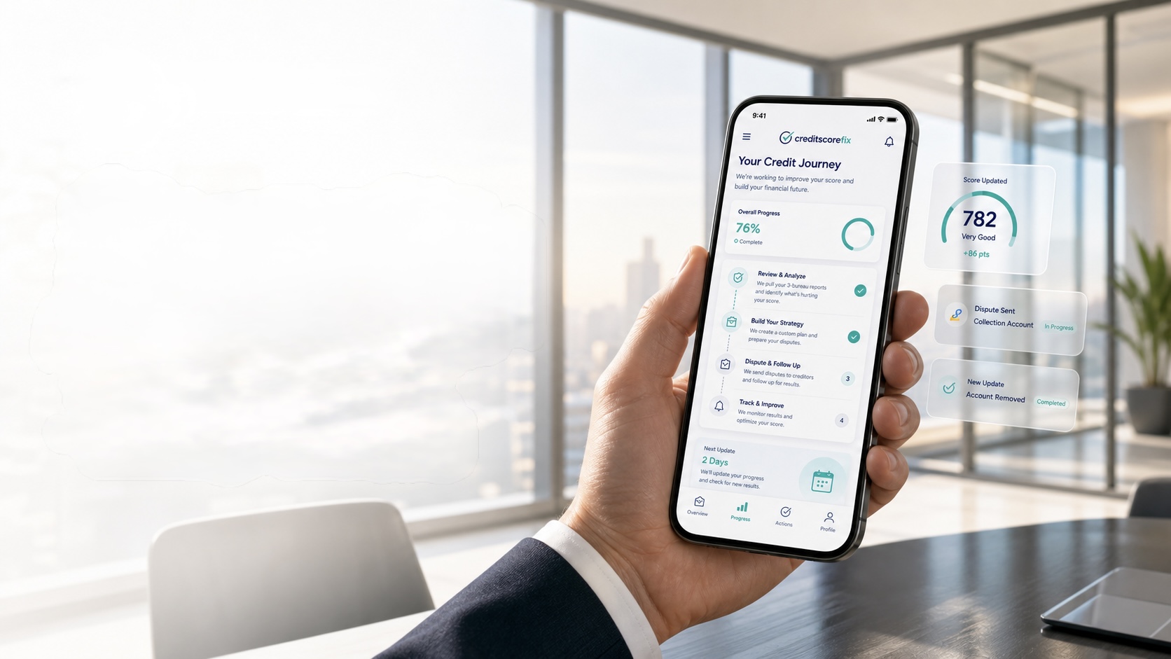 A hand holding a phone showing the CreditFixScore app — Your Credit Journey progress, score 782, dispute updates, and real-time tracking