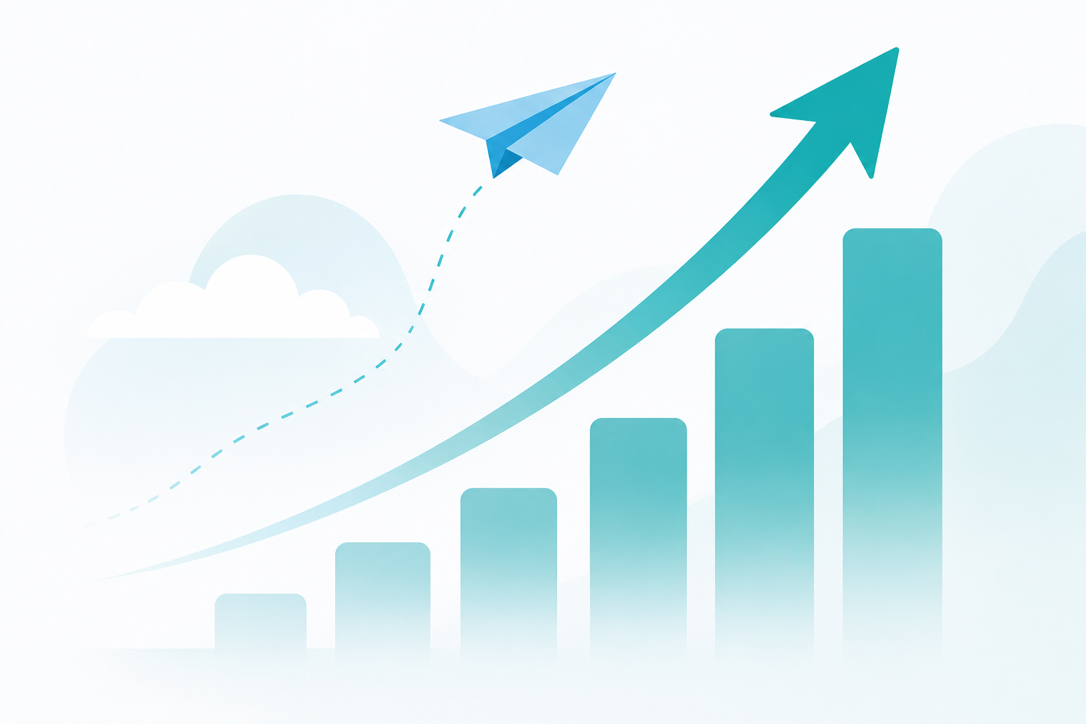 Upward growth illustration — paper plane lifting off above a rising bar chart